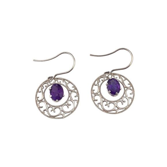 HANDMADE Victorian Style Amethyst Filigree Earrings 925 Sterling Silver NWT - Picture 1 of 8